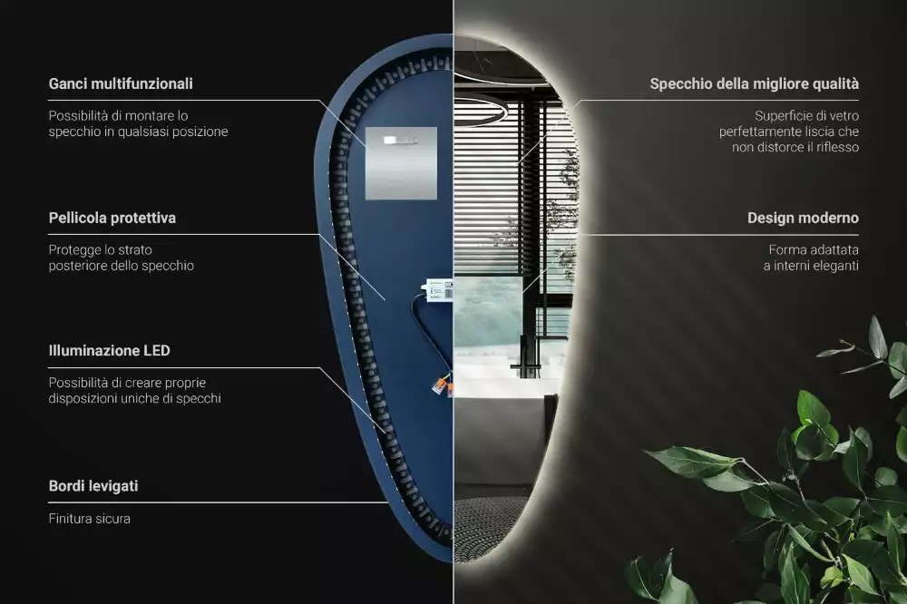 Csepp alakú ledes tükör dekoratív