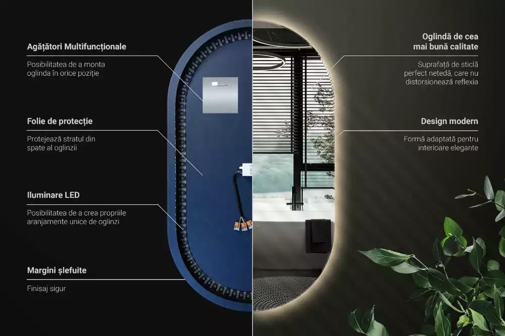Ovális tükör led világítással dekoratív akasztás