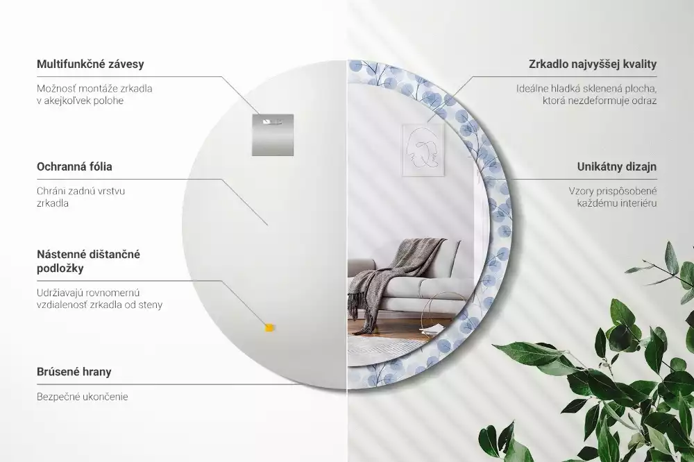 Kerek dísztükör Ágak levelei