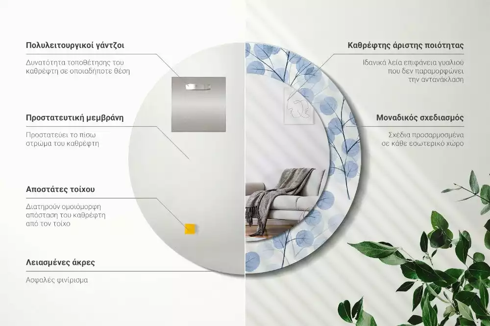 Kerek dísztükör Ágak levelei