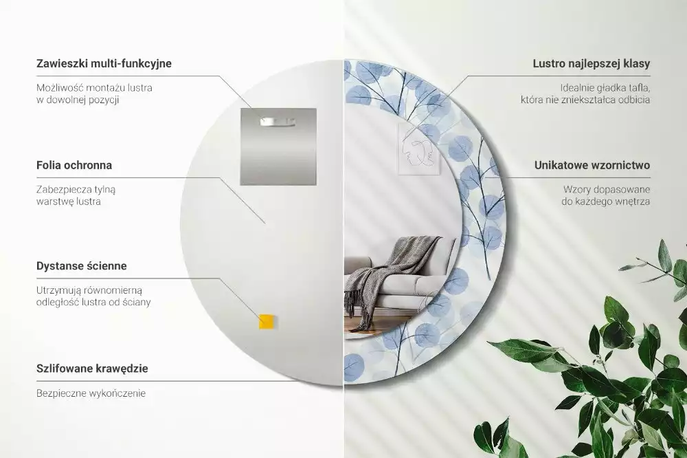 Kerek dísztükör Ágak levelei