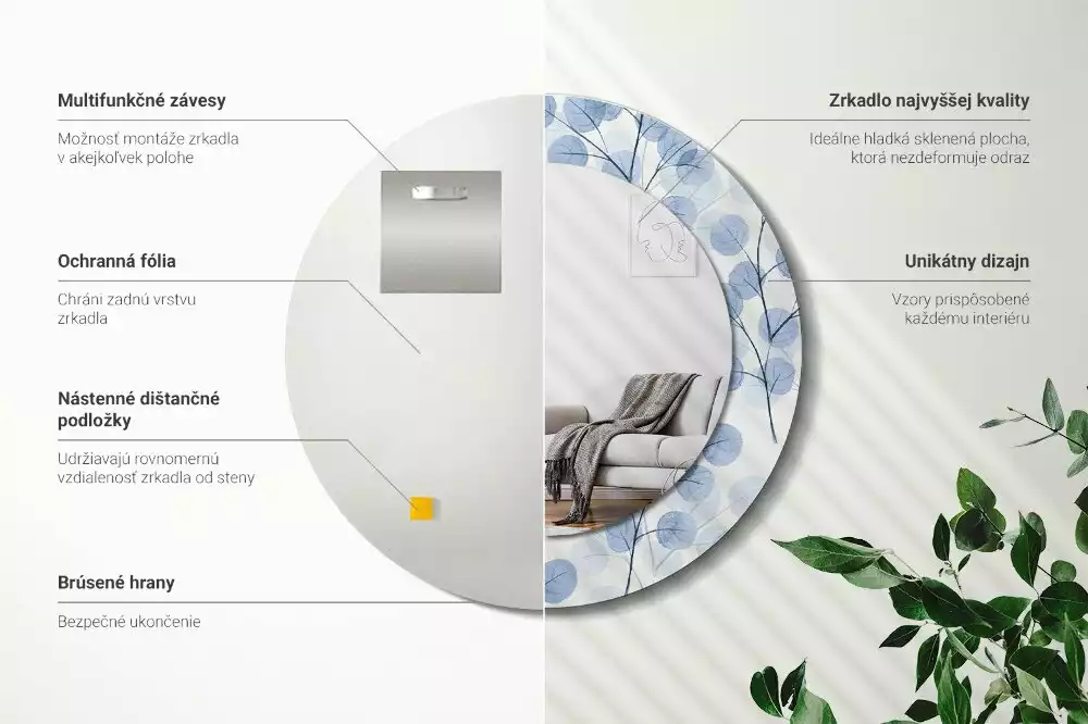 Kerek dísztükör Ágak levelei