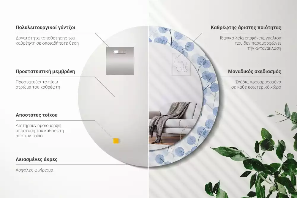 Kerek dísztükör Ágak levelei