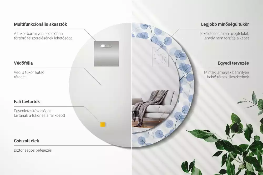 Kerek dísztükör Ágak levelei