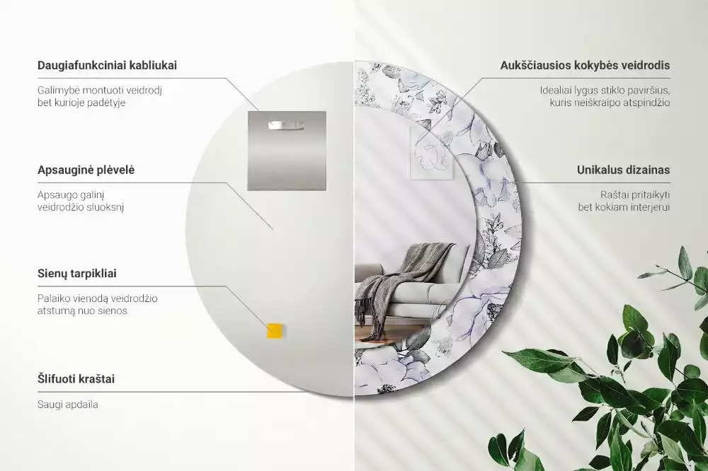 Kerek díszes tükör Kék rózsák