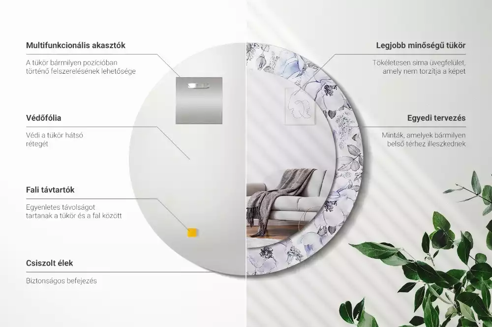 Kerek díszes tükör Kék rózsák