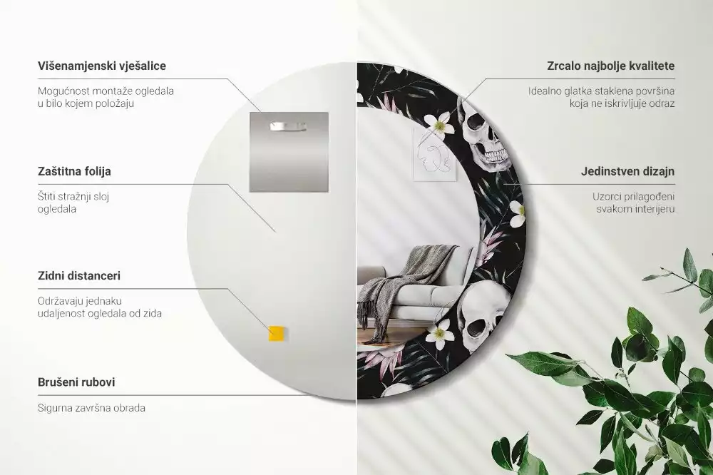 Kerek díszes tükör Koponya Virágok