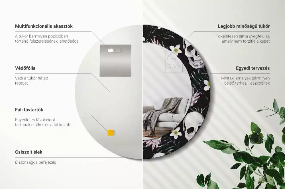 Kerek díszes tükör Koponya Virágok