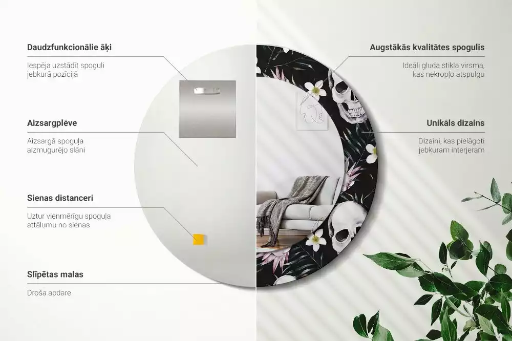 Kerek díszes tükör Koponya Virágok