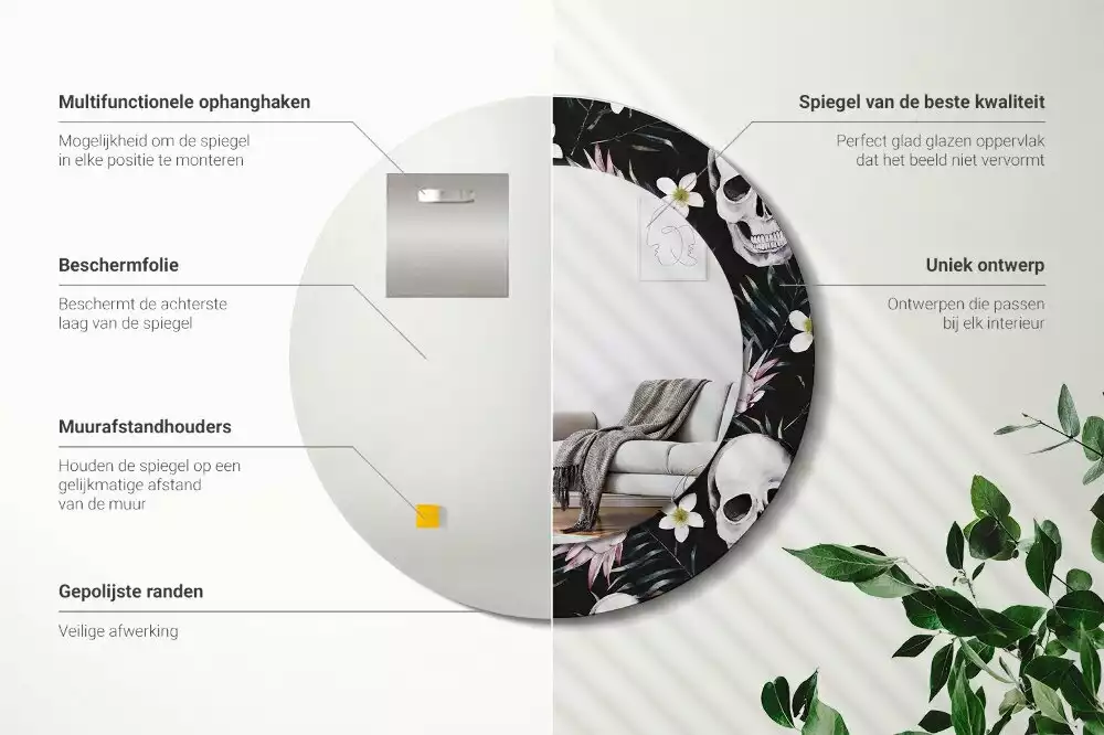 Kerek díszes tükör Koponya Virágok