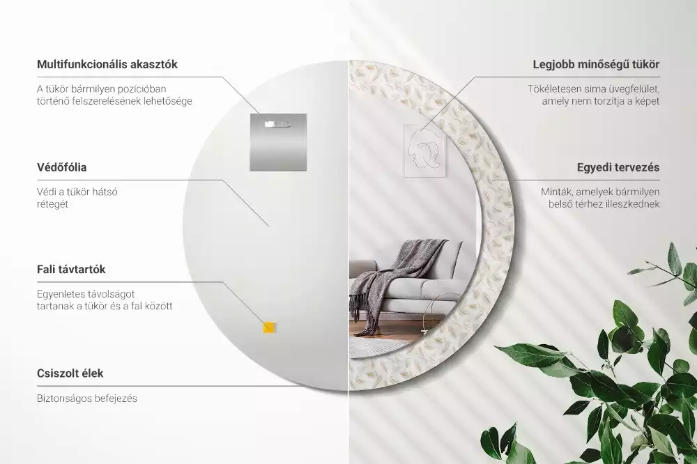 Kerek dísztükör Madártollak