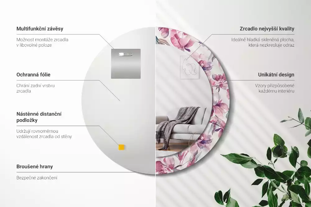 Kerek díszes tükör Pünkösdi rózsa virágai