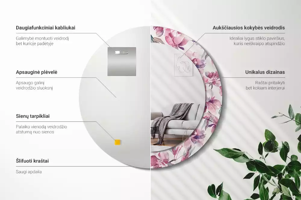 Kerek díszes tükör Pünkösdi rózsa virágai