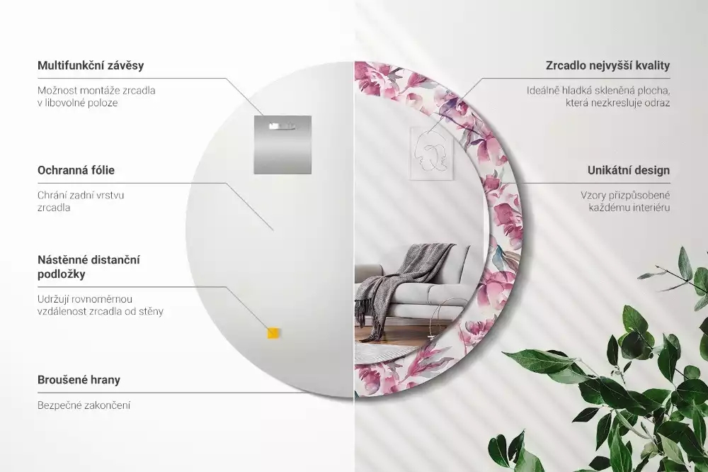 Kerek díszes tükör Pünkösdi rózsa virágai