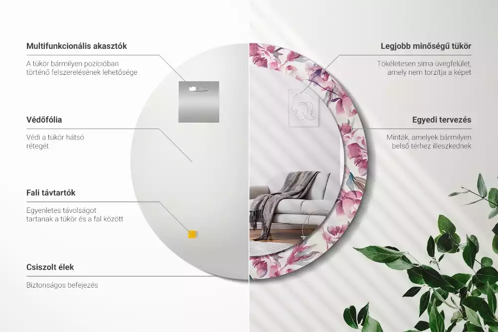 Kerek díszes tükör Pünkösdi rózsa virágai