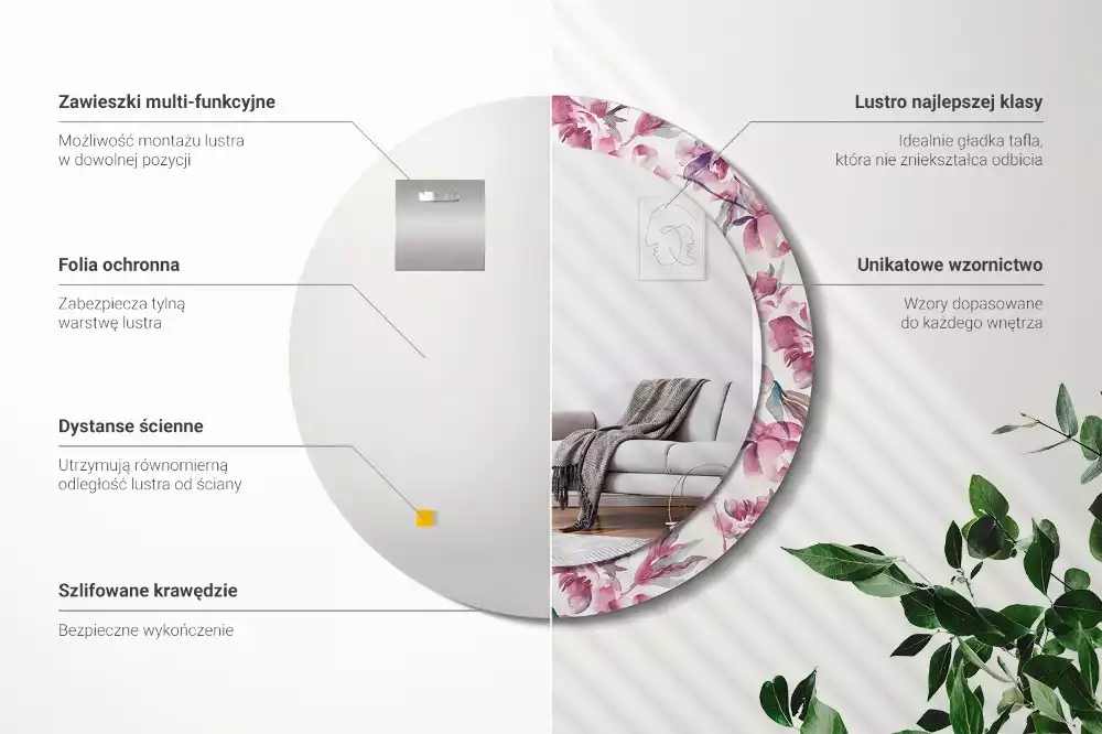 Kerek díszes tükör Pünkösdi rózsa virágai