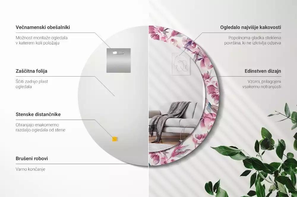 Kerek díszes tükör Pünkösdi rózsa virágai