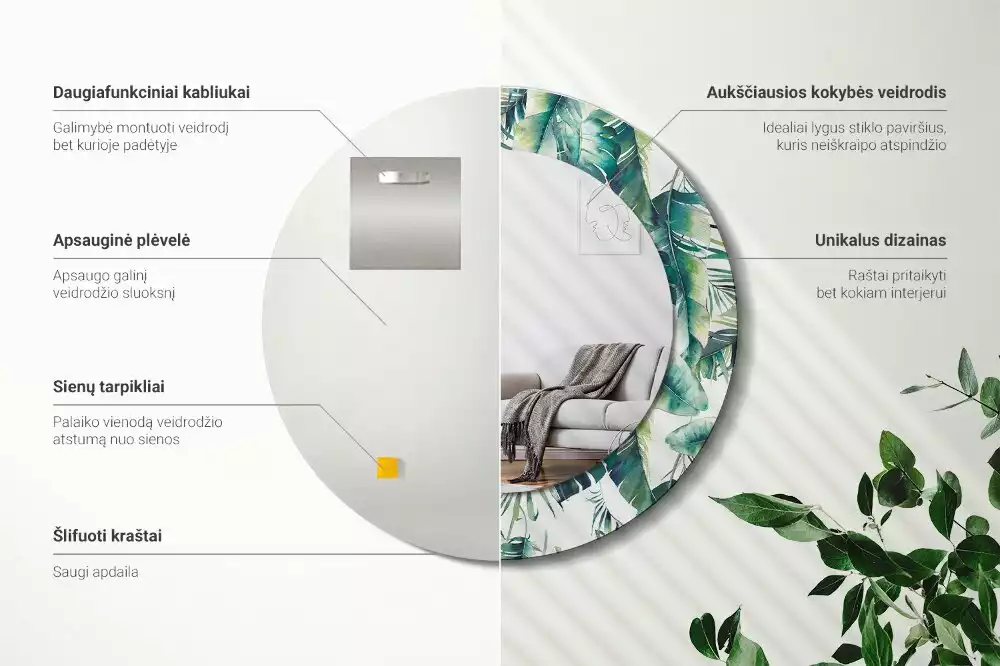 Kerek dísztükör Levelek