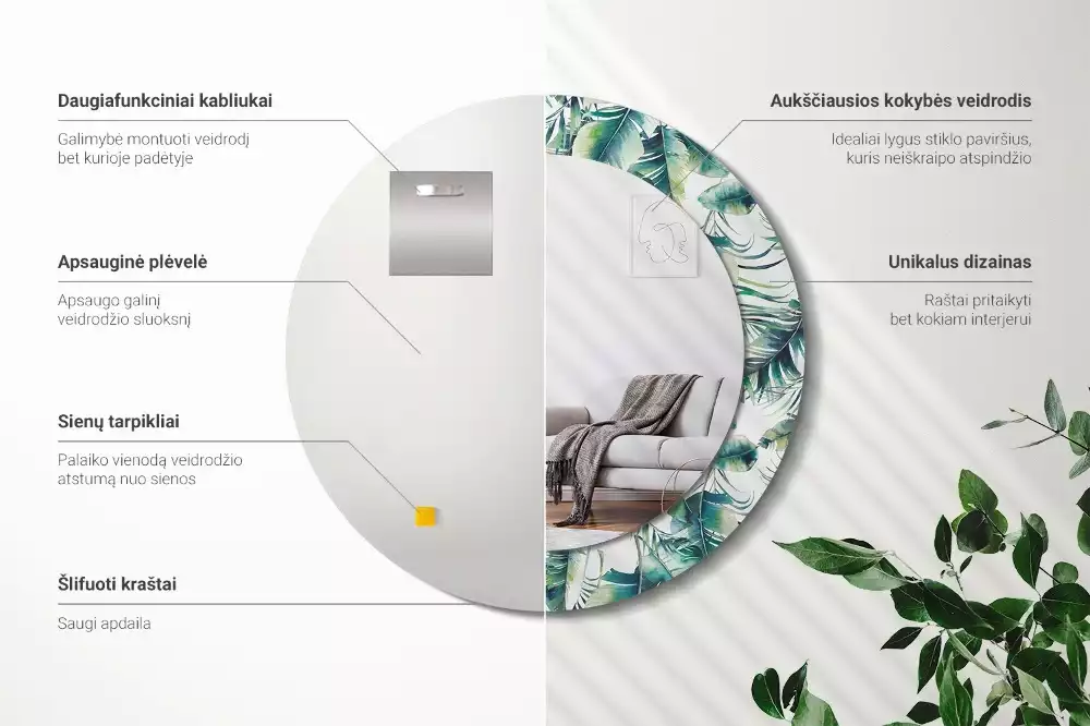 Kerek dísztükör Levelek