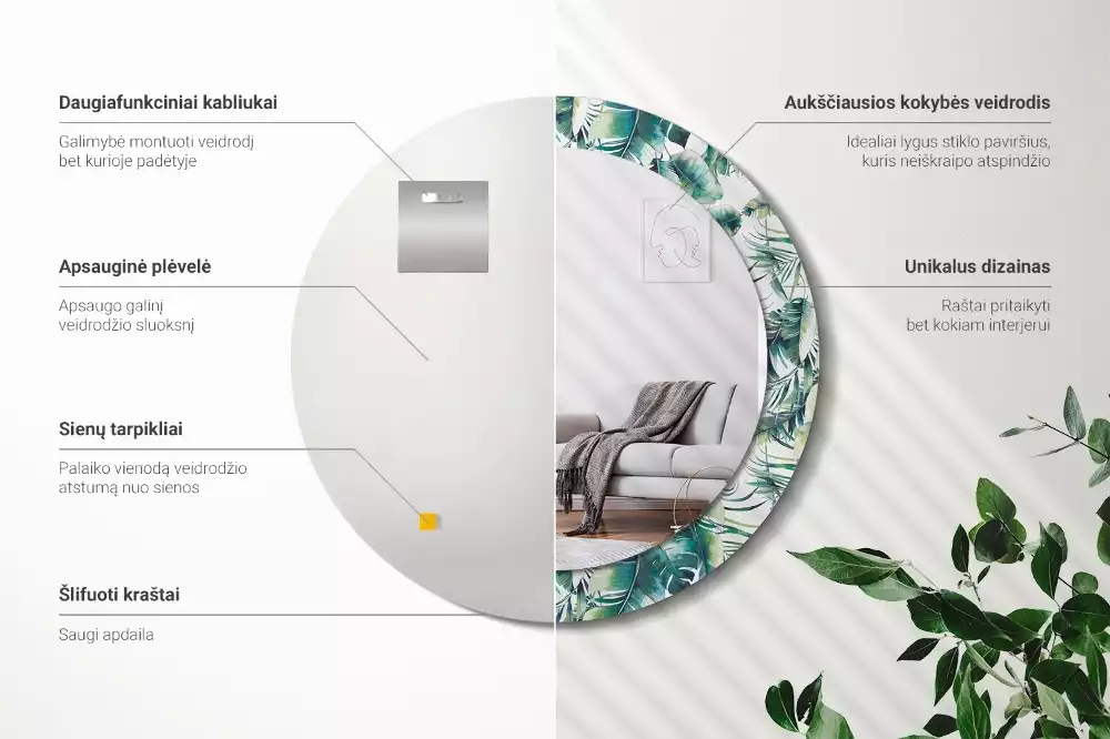 Kerek dísztükör Levelek