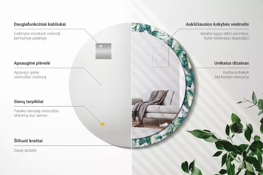 Kerek díszes tükör Fekete-fehér tollak