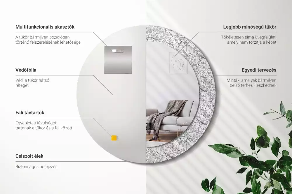 Kerek díszes tükör Lótusz virágok