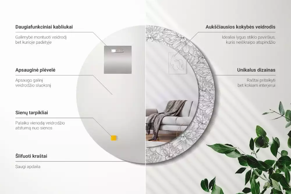 Kerek díszes tükör Lótusz virágok