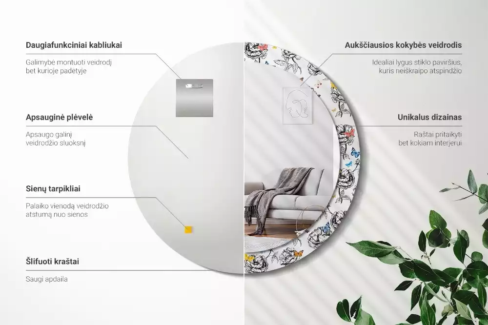 Kerek dísztükör Színes pillangók