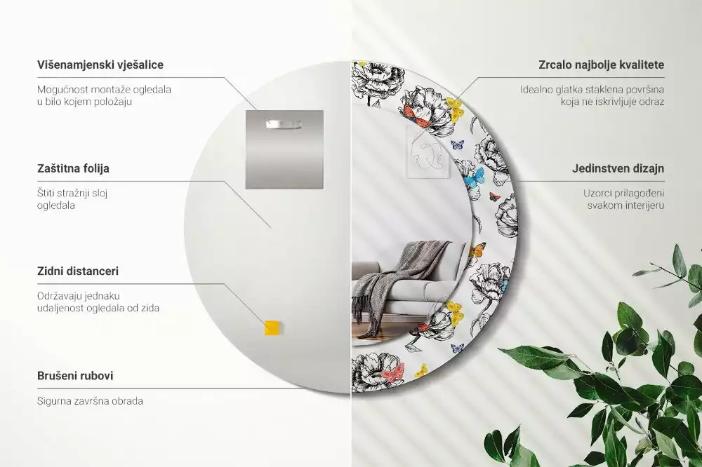 Kerek dísztükör Színes pillangók