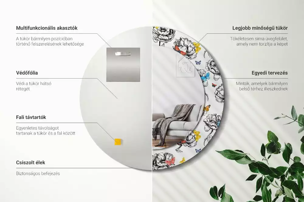 Kerek dísztükör Színes pillangók