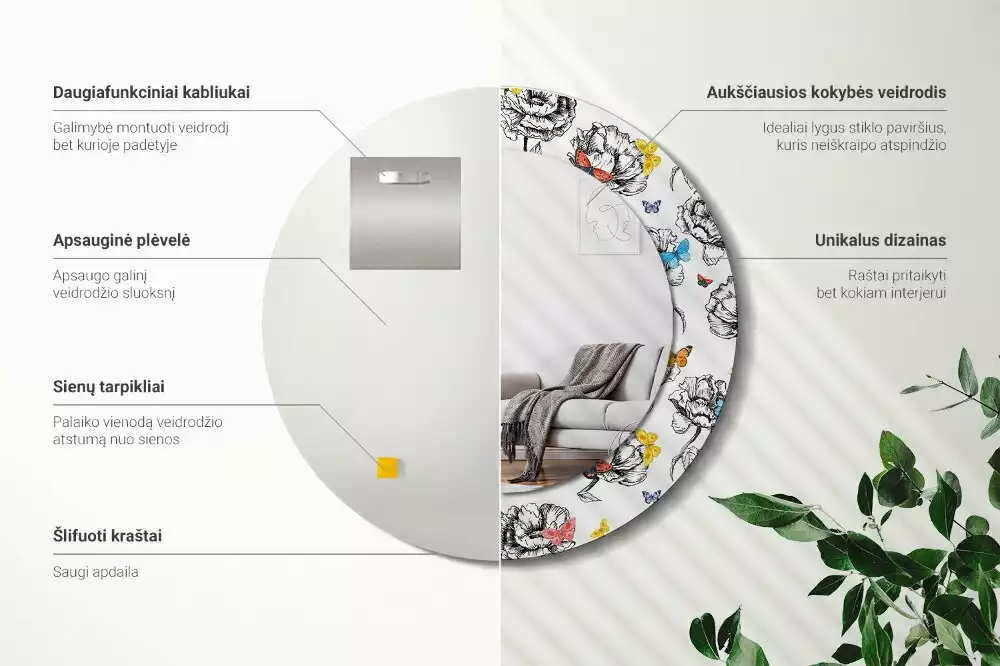 Kerek dísztükör Színes pillangók