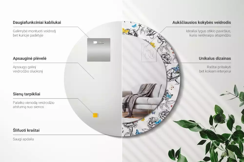 Kerek dísztükör Színes pillangók