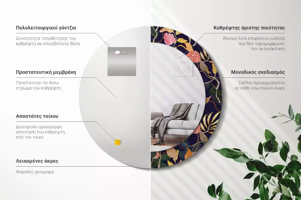 Kerek díszes tükör Akvarell növények