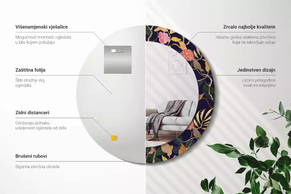 Kerek díszes tükör Akvarell növények