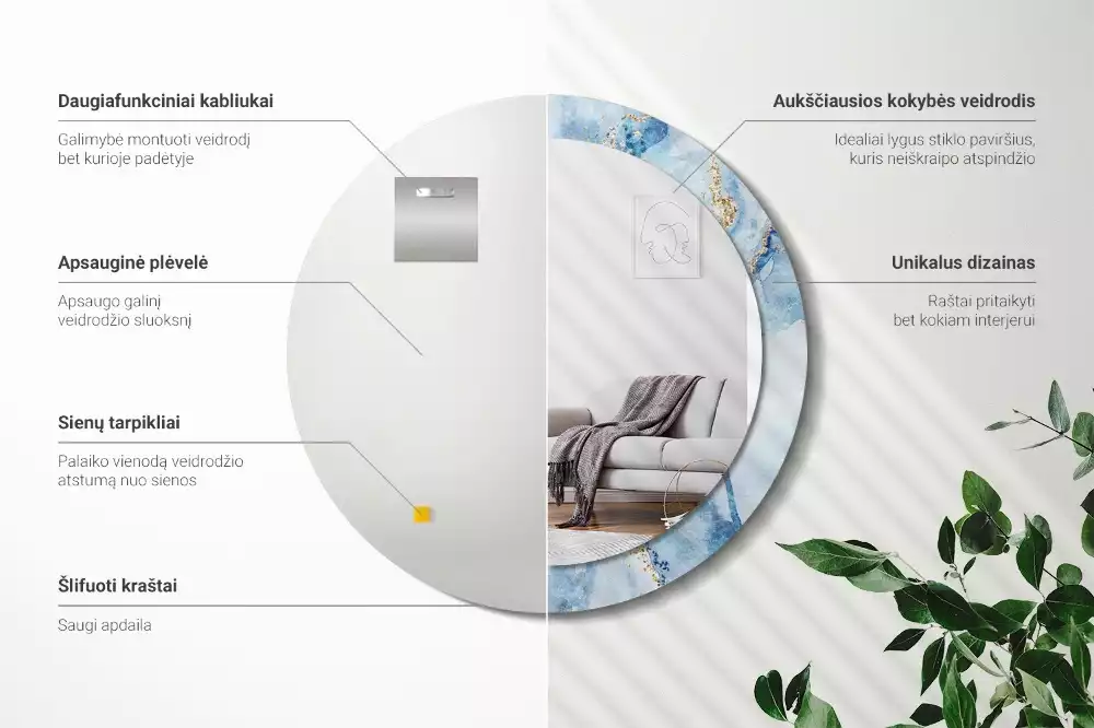 Kerek díszes tükör Kék márvány