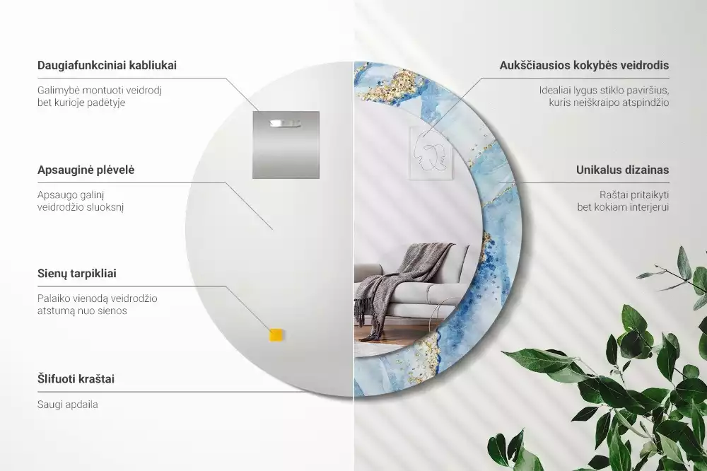 Kerek díszes tükör Kék márvány