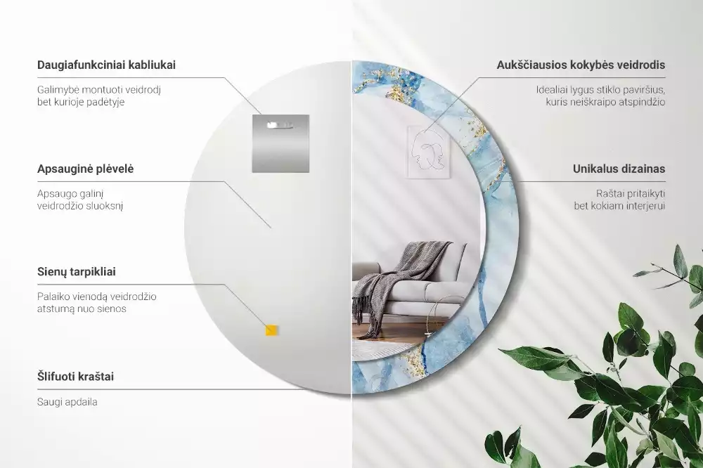 Kerek díszes tükör Kék márvány