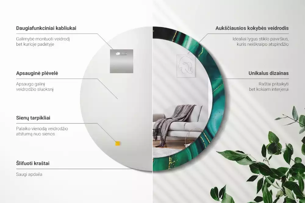 Kerek díszes tükör Smaragd márvány