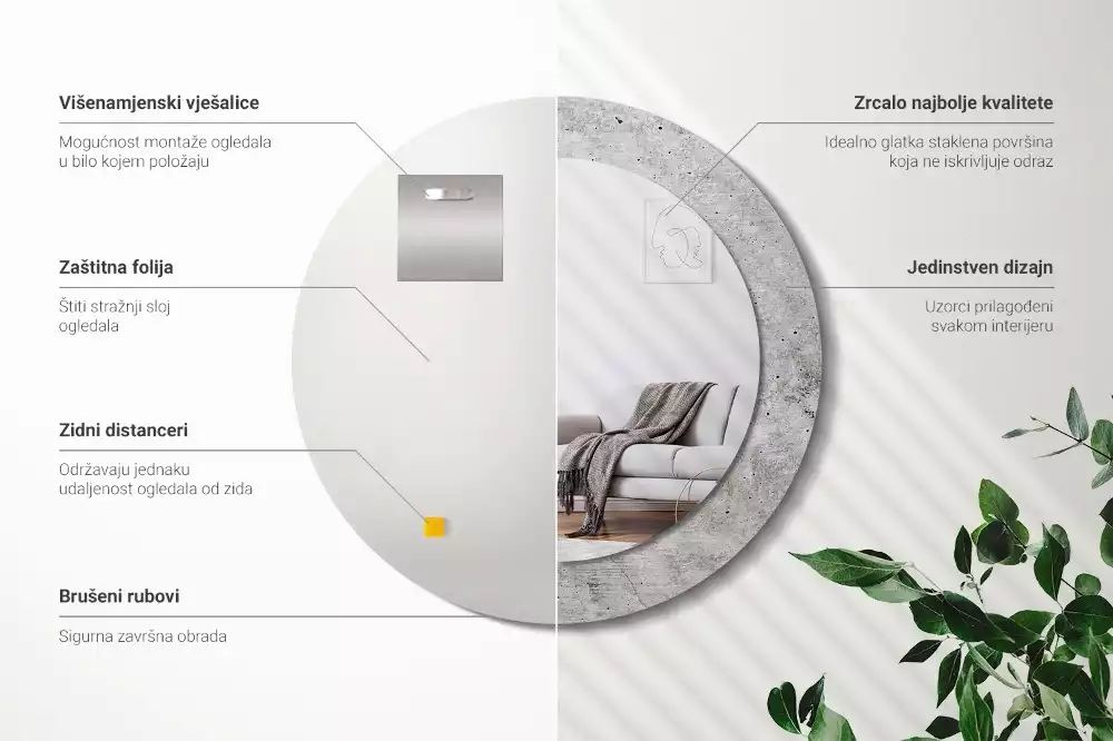 Kerek tükör fali dísz Szürke beton