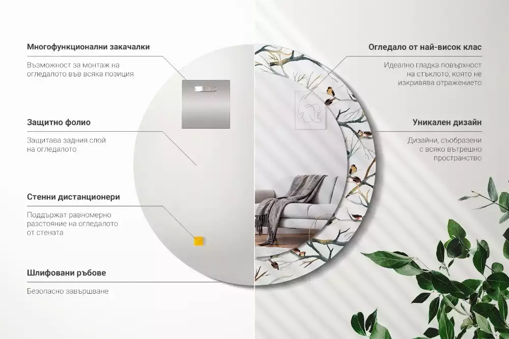 Kerek tükör fali dísz Veréb madarak ágai