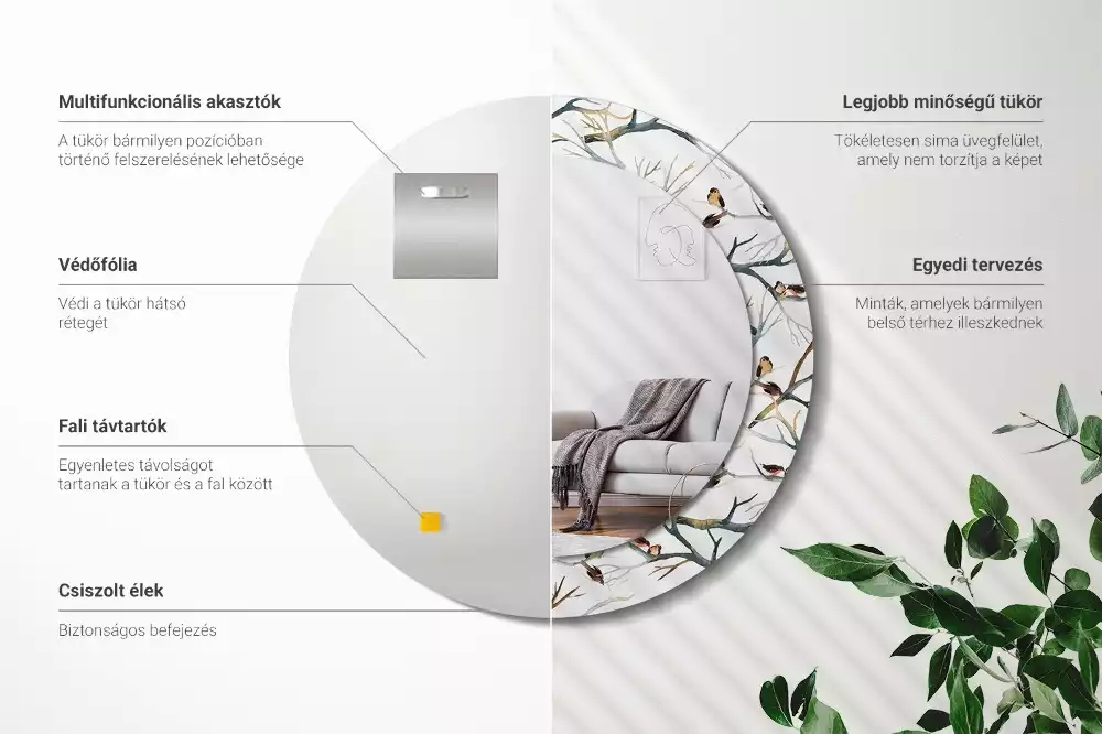 Kerek tükör fali dísz Veréb madarak ágai