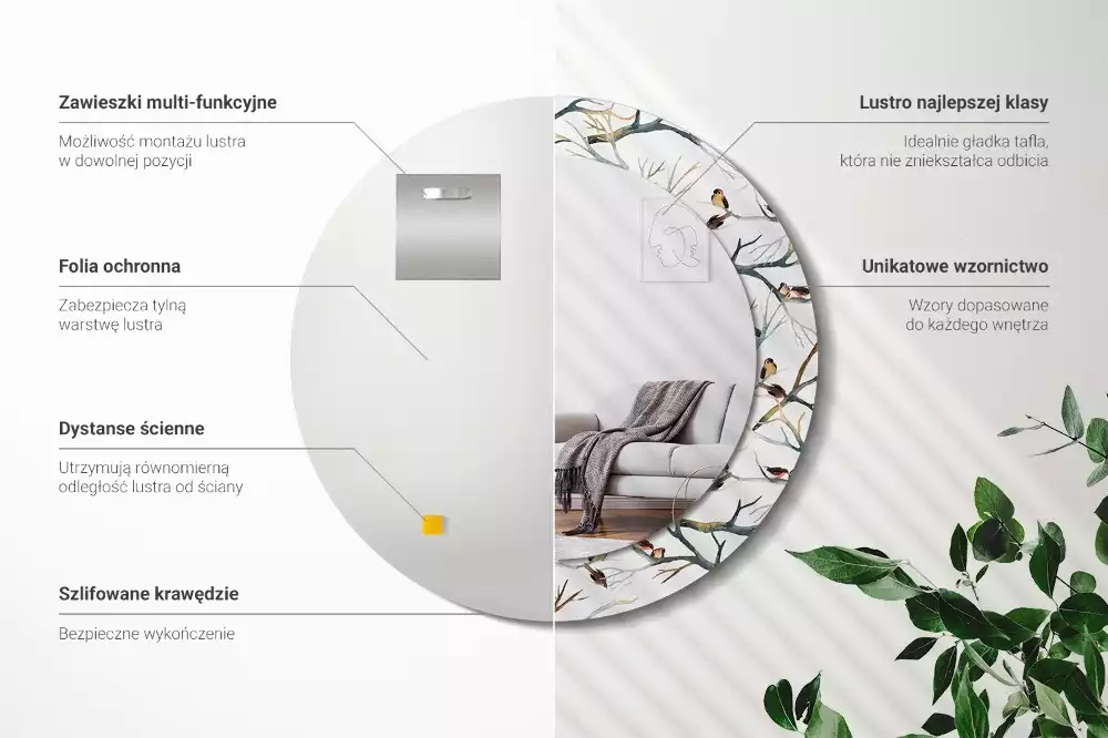 Kerek tükör fali dísz Veréb madarak ágai