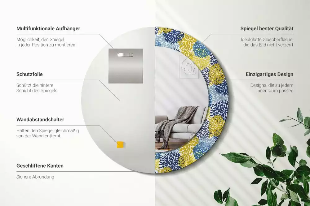 Kerek dísztükör Kék virágok