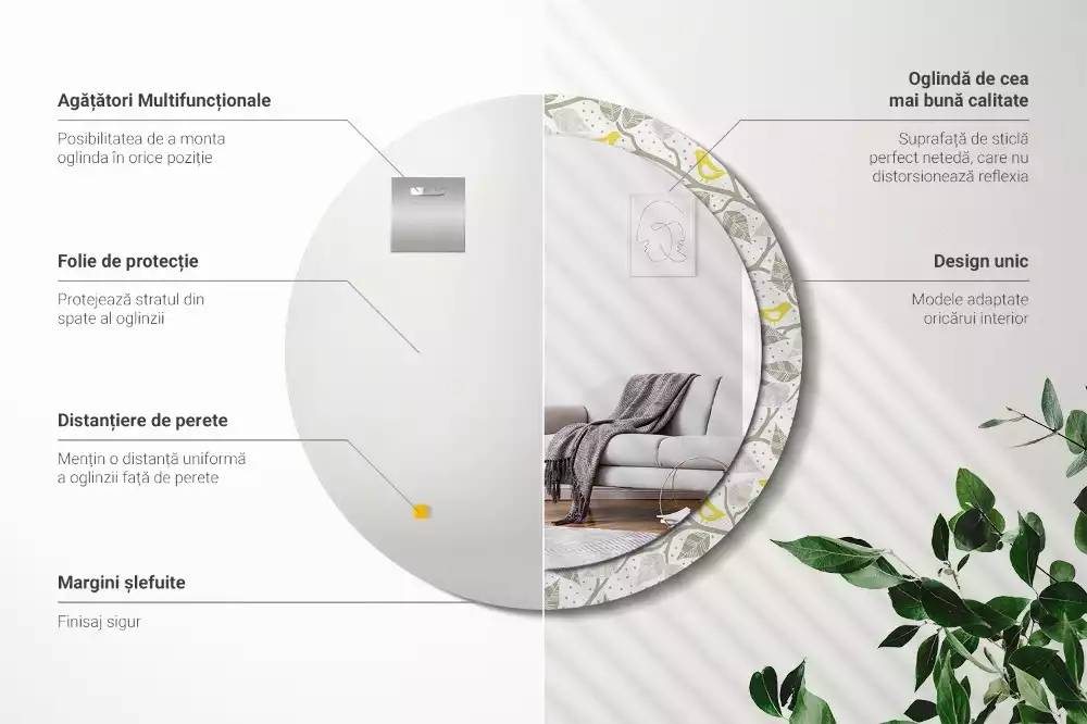 Kerek tükör fali dísz Sárga madarak az ágakon