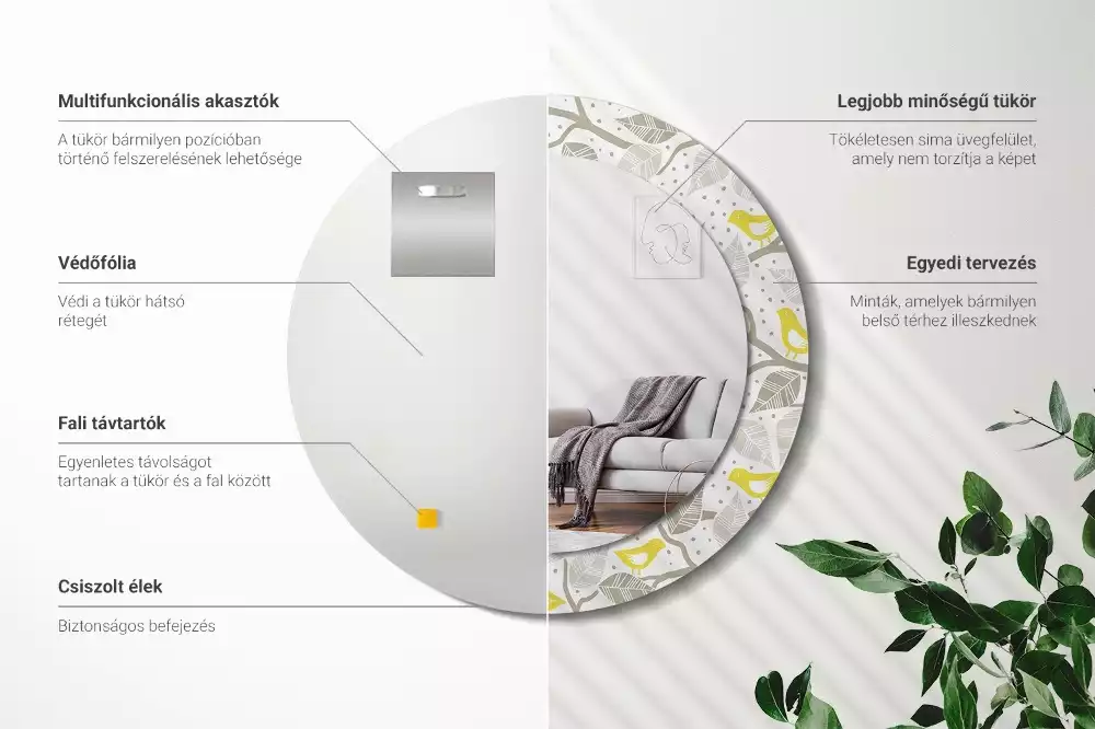 Kerek tükör fali dísz Sárga madarak az ágakon