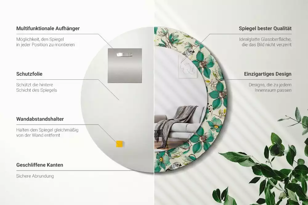 Kerek tükör fali dísz Virágok és madarak