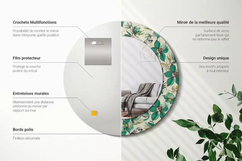 Kerek tükör fali dísz Virágok és madarak