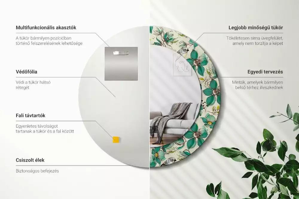 Kerek tükör fali dísz Virágok és madarak