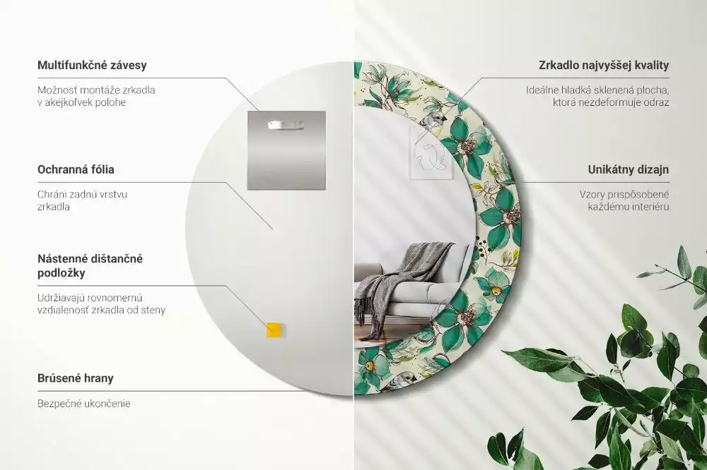 Kerek tükör fali dísz Virágok és madarak