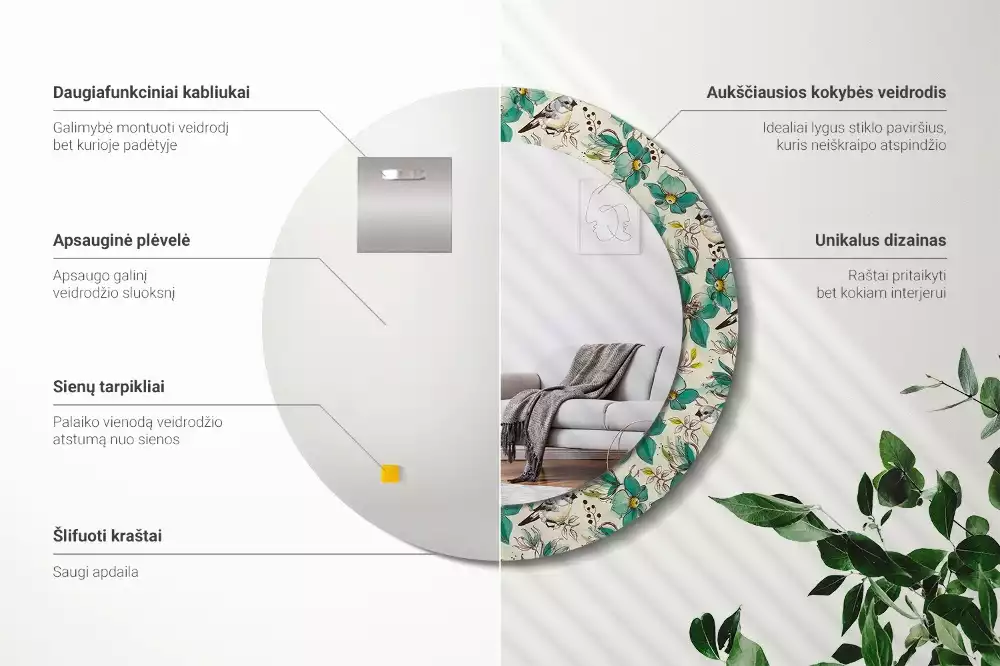 Kerek tükör fali dísz Virágok és madarak